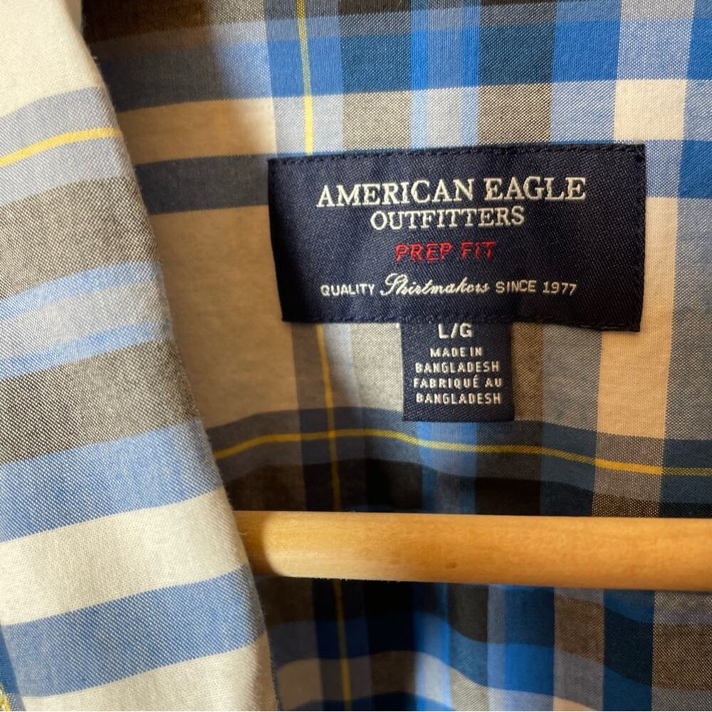 American Eagle Mens Long Sleeve Button Down Shirt Blue Plaid Prep Fit Large - Picture 4 of 5